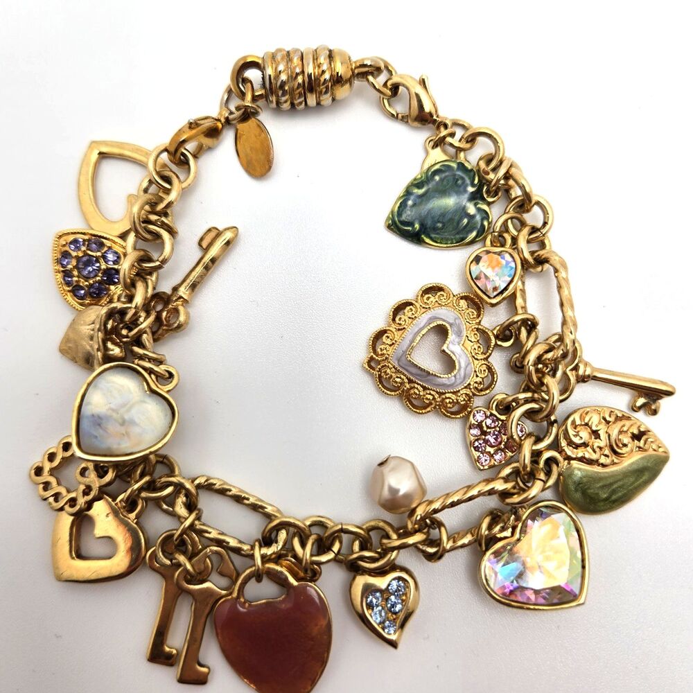 Kirks Folly | Gold Tone Charm Bracelet Heart Crystal Dangle Magnetic 7.5 in